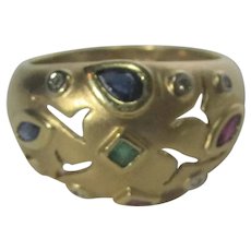 14 Karat Yellow Gold Brushed Dome Ring With Scattered Gemstones With Diamond Accents