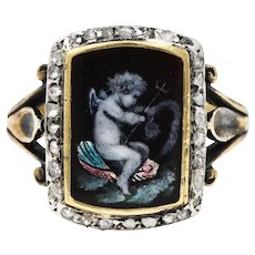 1850's Victorian Neoclassical Enamel Diamond Silver-Topped 18 Karat Gold Cupid Antique Ring