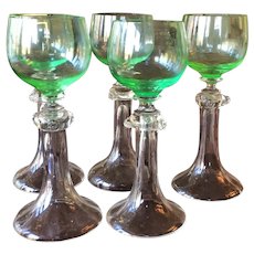 1880-1910 Bohemian  Moser   Wine Glass   EXCEPTIONAL  Art Glass  Set of Five Possibly Uranium