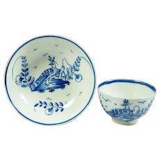 Rare 18th Century Blue and White Tea Bowl And Saucer, Peahen Peocock Bird C 1795 Georgian Pearlware