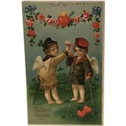 1908 Valentine Postcard with Cupids Toasting