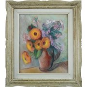 1950s Oil Pastel Painting, Still Life with Flowers, Claire Demartinécourt