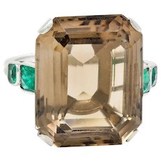 1960's Vintage Smoky Quartz Emerald Platinum Cocktail Ring