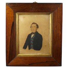 19th Century Folk Art Portrait Miniature, Gentleman Fancy Plaid Vest, By R & W Kerry 1845, Margetts & Tomes Family, Oxfordshire & Leamington Spa