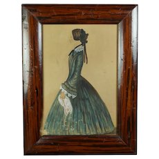 19th Century Folk Art Portrait, Young Lady In Green Dress With Handkerchief - Jodie, C 1845, Victorian Faux Grain Painted Frame