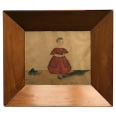 19th Century John Church Dempsey Portrait, English Naïve School, Girl Red Dress and Pull Toy, Folk Art, 1830s