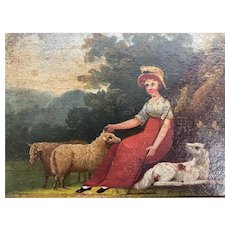 19th Century Landscape Oil on Board Lady (Little Bo Peep) with Sheep and a Spotted Dog