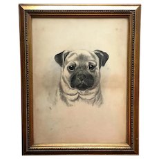19th Century Pug Dog Portrait, Monochrome Watercolor Signed and Dated 1897