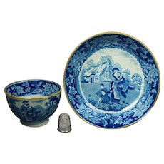 19th Century Regency Blue and White Transferware Pearlware Tea Bowl And Saucer Mother and Children Playing Circa 1810
