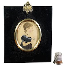 19th Century Regency Portrait Miniature, Little Girl Blue Dress Holding Flower c 1810