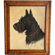 20th Century Scottish Terrier Dog Oil Portrait Painting 'MacTavish' dated 1947 Monogrammed MA