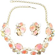 ALICE CAVINESS Gem-set Peachy Pink and Pearlized White Givre Necklace and Clip Earrings