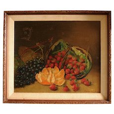 American Art Oil Painting on Canvas Fruit Still Life Signed Folk Art