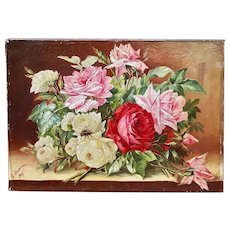 antique 1907 French signed still life oil painting roses & bumblebee