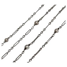 Antique 48 Inch Fancy Link Platinum Natural Pearl Longuard Chain Necklace
