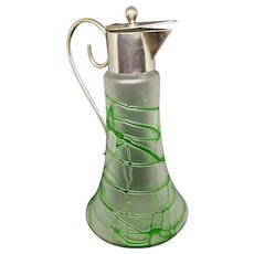 Antique Austrian-Czech Kralik Glassworks Threaded Green Satin Glass Pitcher with Silverplate Lid & Handle c.1910  (14.8oz)