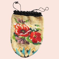 Antique Beaded Floral Pouch Bag, Circa 1900