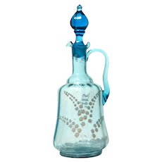 Antique Blue Glass Enameled Lilly Of The Valley Decanter