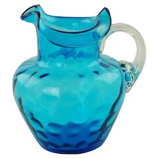 Antique Blue Victorian Art Glass Inverted Thumbprint Pitcher with Tri-Fold Rim