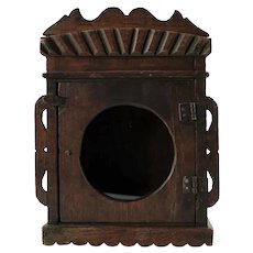 Antique Carved Wooden Watch Hutch with Glazed Circular Window and Hand Carved Decoration