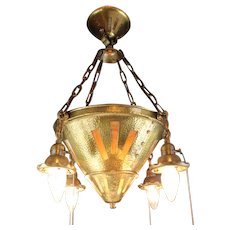 Antique Chandelier Arts & Crafts Period Hammered Brass & Stained Glass