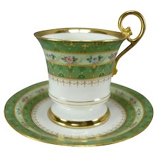 Antique Charles Ahrenfeldt Limoges Hand Painted Floral Green Raised Gold Chocolate Cup & Saucer