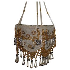Antique Czech Silver & Gold Beaded Hanging Basket