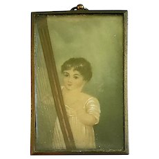 Antique English ca. 1810 Georgian Folk Art Miniature Portrait of Child Playing Harp