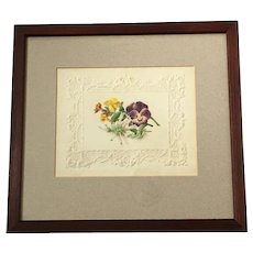 Antique English Floral Watercolor on Embossed Paper, C 1850s Botanical Gift For A Gardener