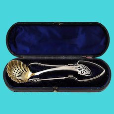 Antique English Sterling Silver Jehoiada Alsop Rhodes Cased Sugar Tong and Sifter Spoon Set