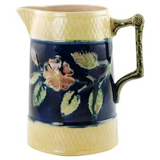 Antique English Victorian Hand Painted Majolica Pitcher Floral and Foliate Motif with Pink Interior