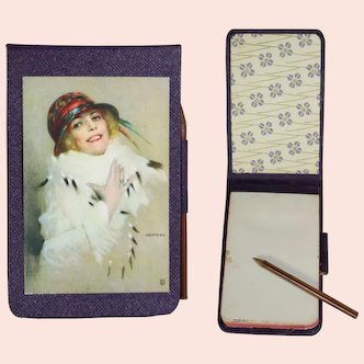 Antique French 1920s Aide Memoire Notepad w Pencil w Beautiful Flapper Image!