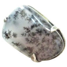 Antique Gorgeous Dendritic Black Moss Agate Sterling Silver Pin Brooch