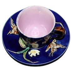 Antique Majolica Cobalt Bird & Pond Lily Cup & Saucer - Rare