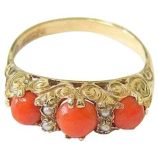 Antique Mediterranean Coral Seed Pearl 9CT Gold Ring