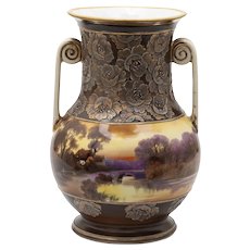 Antique Noritake Japanese Porcelain Vase Hand Painted with a Sunset Scene and with Moulded Flowers