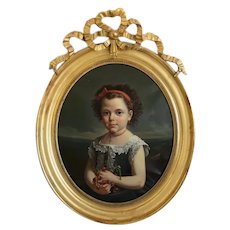 Antique painting of a little girl, oil on canvas, dated 1875