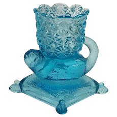 Antique Richards & Hartley Blue Cat on Pillow Toothpick Holder ca 1890 Pattern Glass