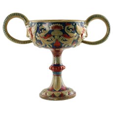 Antique Rubboli Lustre Majolica Double-Handled Compote with Mask Head Detail