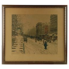 Antique Tavik František Šimon Soft Ground Etching and Aquatint: 'Boulevard Saint-Martin in Winter' Paris 1914