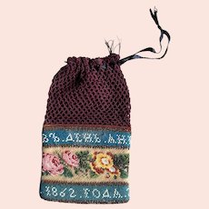 Antique Victorian Reticule Purse, Crochet beadwork Dated 1862 in Cyrillic