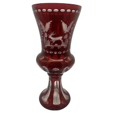 Antique Vintage Czech Bohemian Glass Ruby Red Cut to Clear 12" Deer Stag Vase
