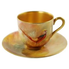 Antique Walter Sedgley Royal Worcester Hand Painted Red Pheasant Gilded Demitasse Cup and Saucer