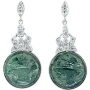 Art Deco Carved Jade & Diamond Dangle Earrings