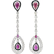 Art Deco Ruby Diamond Onyx Platinum Screwback Drop Earrings