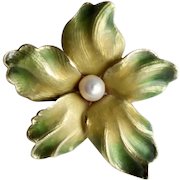 Art Nouveau Whiteside and Blank Natural Pearl 14 Karat Yellow Gold Flower Brooch Pin C1900s