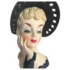 Beautiful Napcoware Lady Head Vase, Big Black Hat, Hand With Red Painted Fingernails, Long Eyelashes, Signed, Numbered