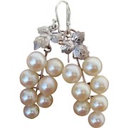 BIG 1.75" Little-Known AGO BAY Mikimoto Akoya Grapes, Leaves ARTICULATED, NOW CONVERTED Pierced Cultured Pearl Sterling Silver Vintage Earrings, 1950's