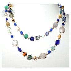 Blue and Green Vintage Bead, Cloisonné and Pearl Chain Necklace -LONG