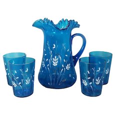 Blue Victorian Glass Pitcher and Tumbler Set - White Enamel
